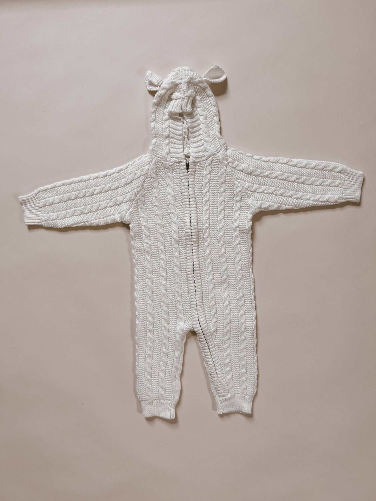 White Baby Bear Cable Knit Jumpsuit